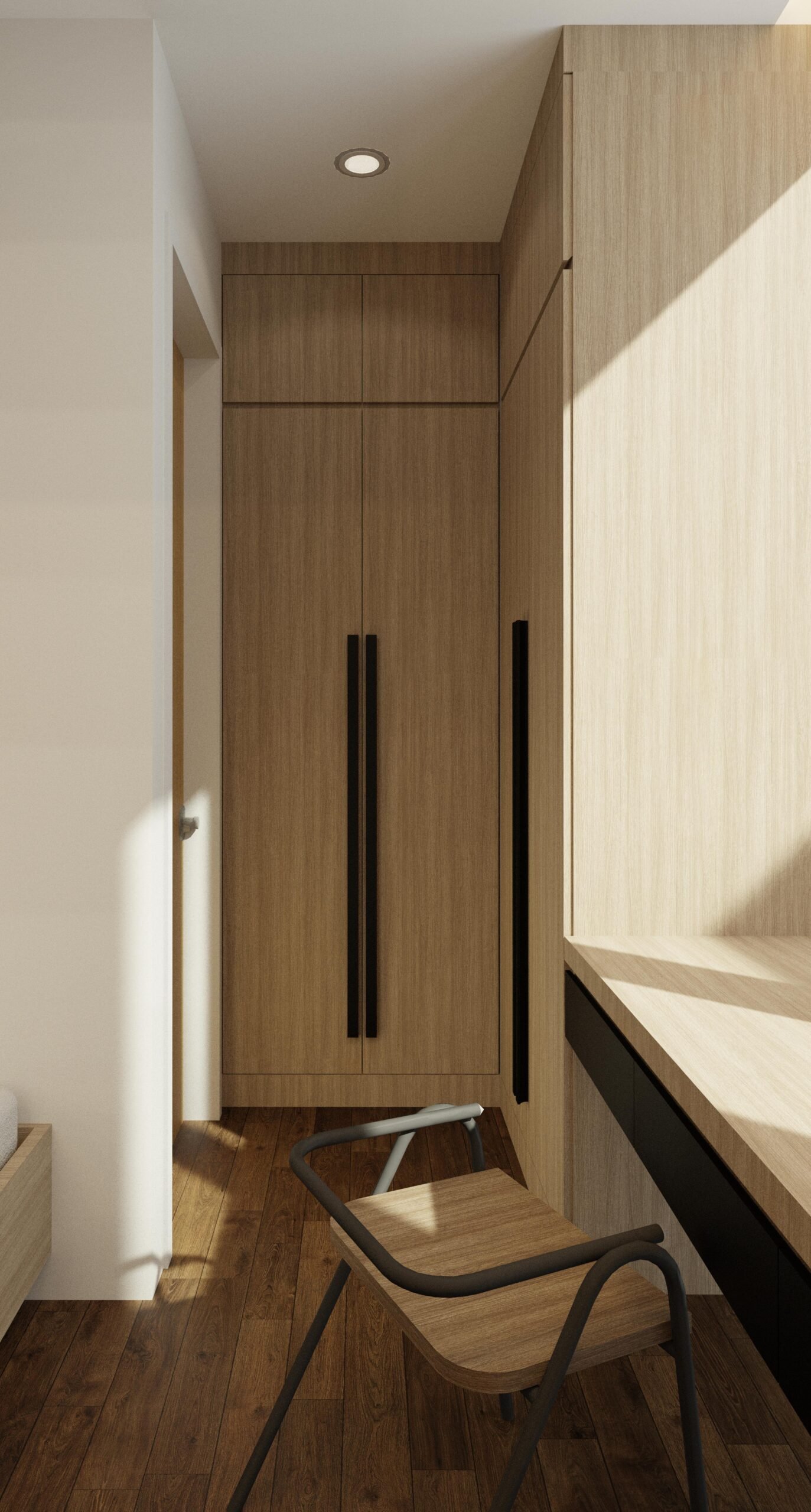 Interior visualisation at The Woods showing a timber-lined passage and fitted desk