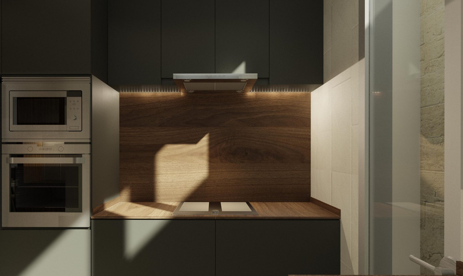 Kitchen visualisation for The Woods showing dark cabinets, timber splashback and integrated appliances