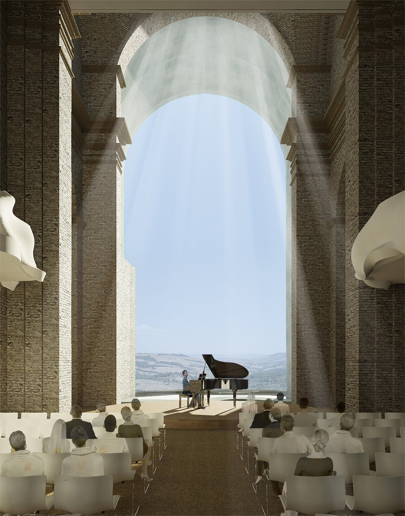 Chiesa Diuta concert-hall proposal with a piano and seating beneath a suspended translucent installation inside a ruined church