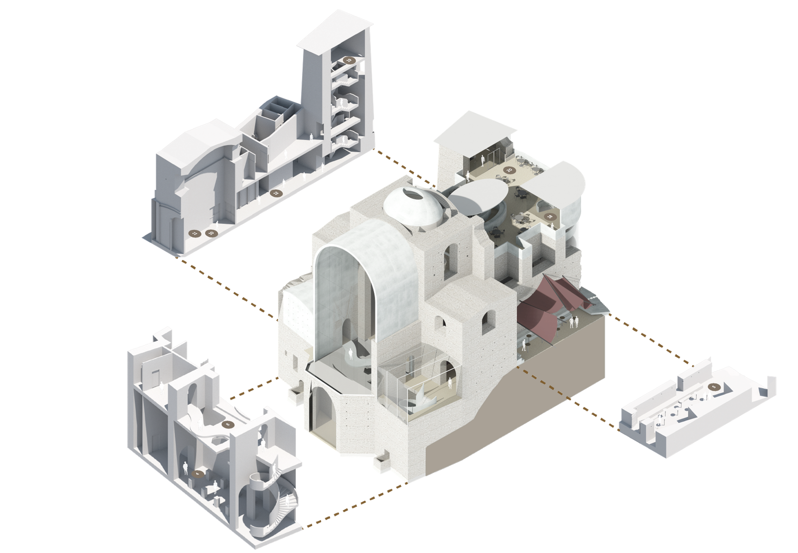 Exploded axonometric study showing a building cut into separate sections, with internal rooms, stairs and circulation exposed.