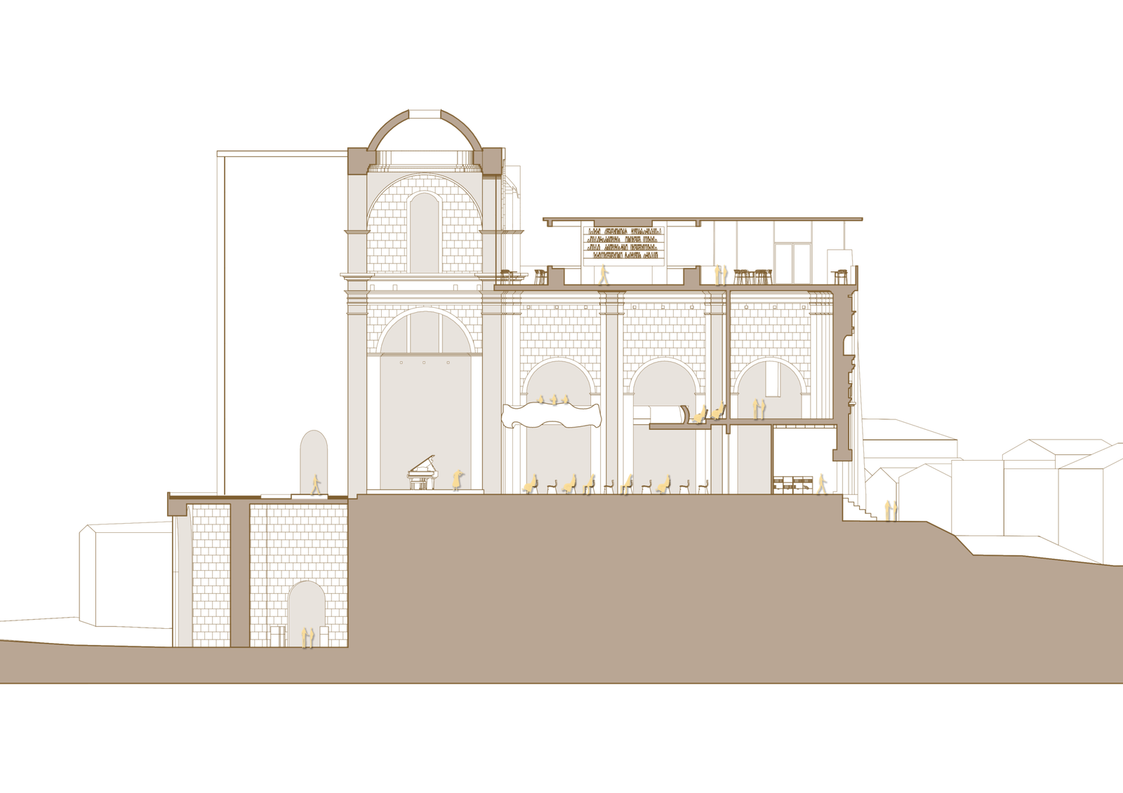 Architectural section through a multi-level building showing a tall hall, floors, stairs and adjoining spaces.