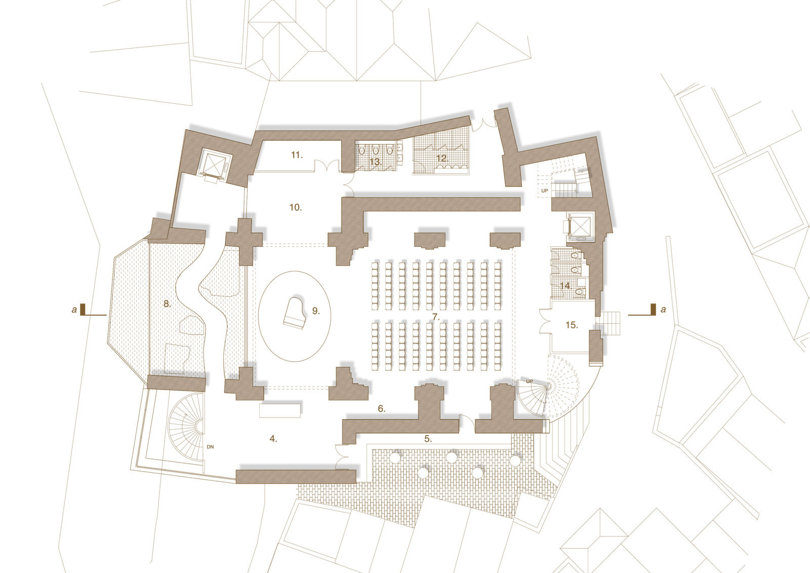 Architectural floor plan showing an auditorium, surrounding rooms and routes through the building.